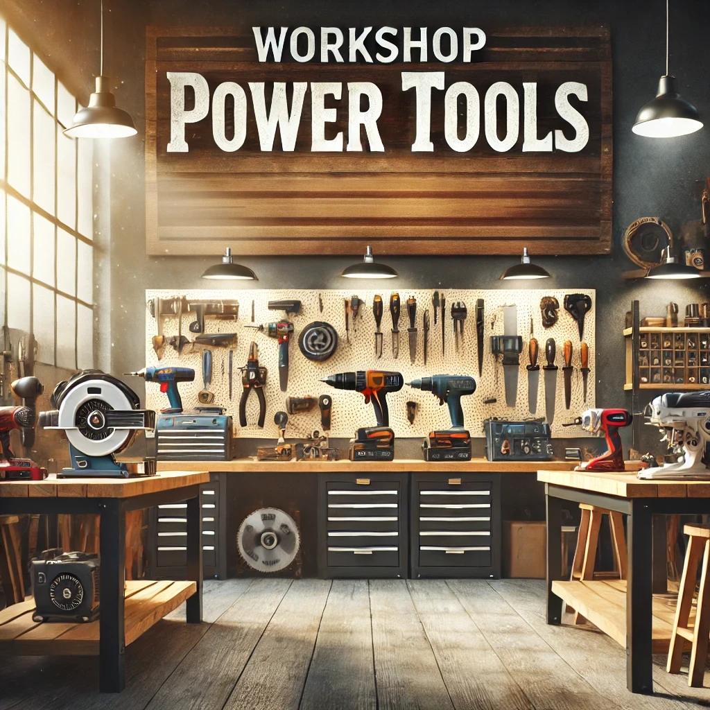 An organized workshop featuring a variety of power tools like drills, saws, and sanders, neatly arranged on workbenches. This vibrant image highlights the efficiency and versatility of workshop power tools in a clean and productive environment