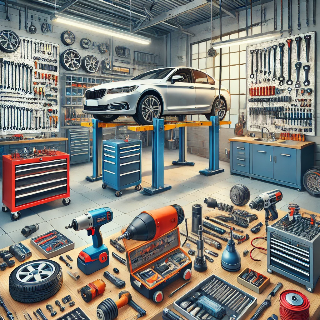 A detailed illustration of an automotive workshop with essential power tools like impact wrenches, air compressors, drills, and spray guns. The scene features a car on a hydraulic jack being serviced, organized tool racks, and clean workbenches in an industrial-style setting.
